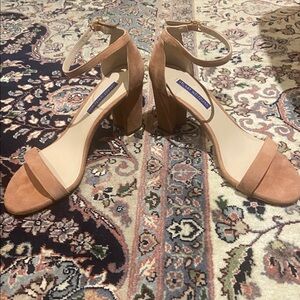 Stuart Weitzman NearlyNude Ankle Strap Suede Block Heels Sandals 7.5 Rose Pink
